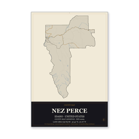 Nez Perce County, Idaho Map Aluminum Sign in Museum Plaque style