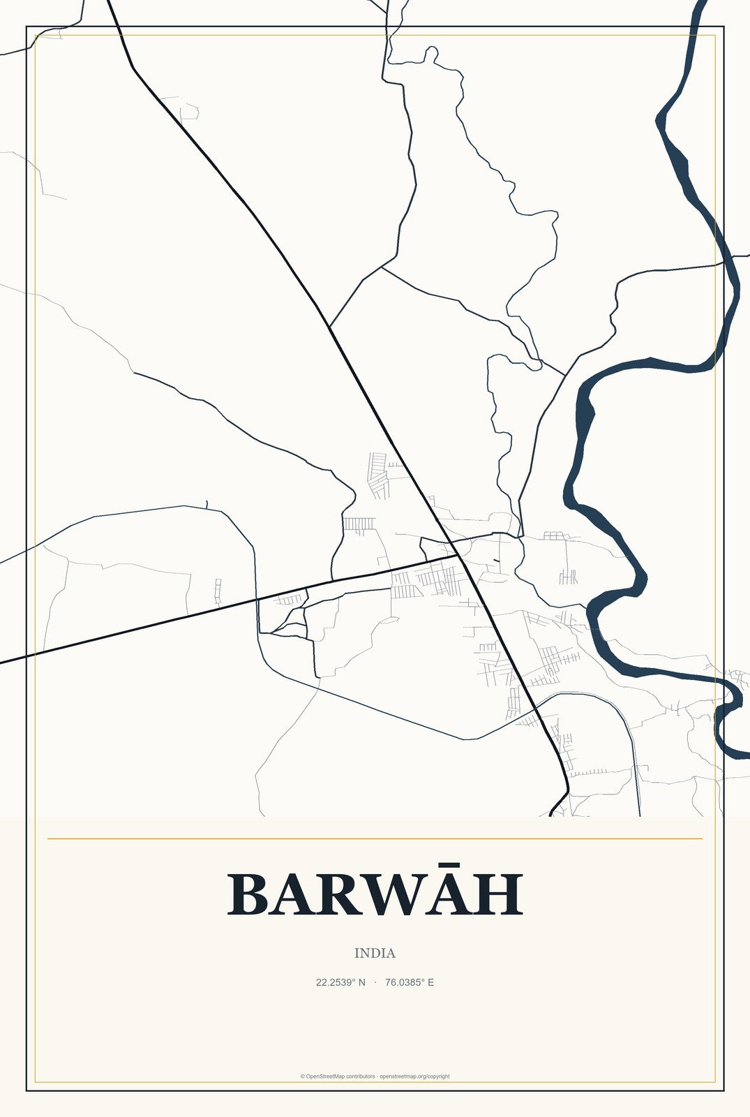 Barwāh, India City Map Aluminum Sign in Citrine Modern style