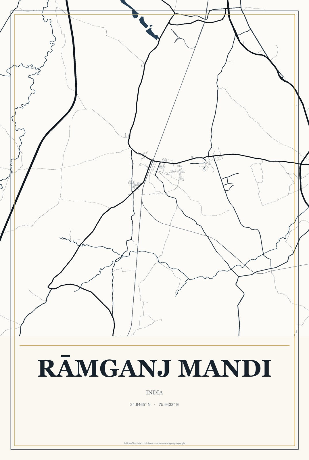 Rāmganj Mandi, India City Map Aluminum Sign in Citrine Modern style