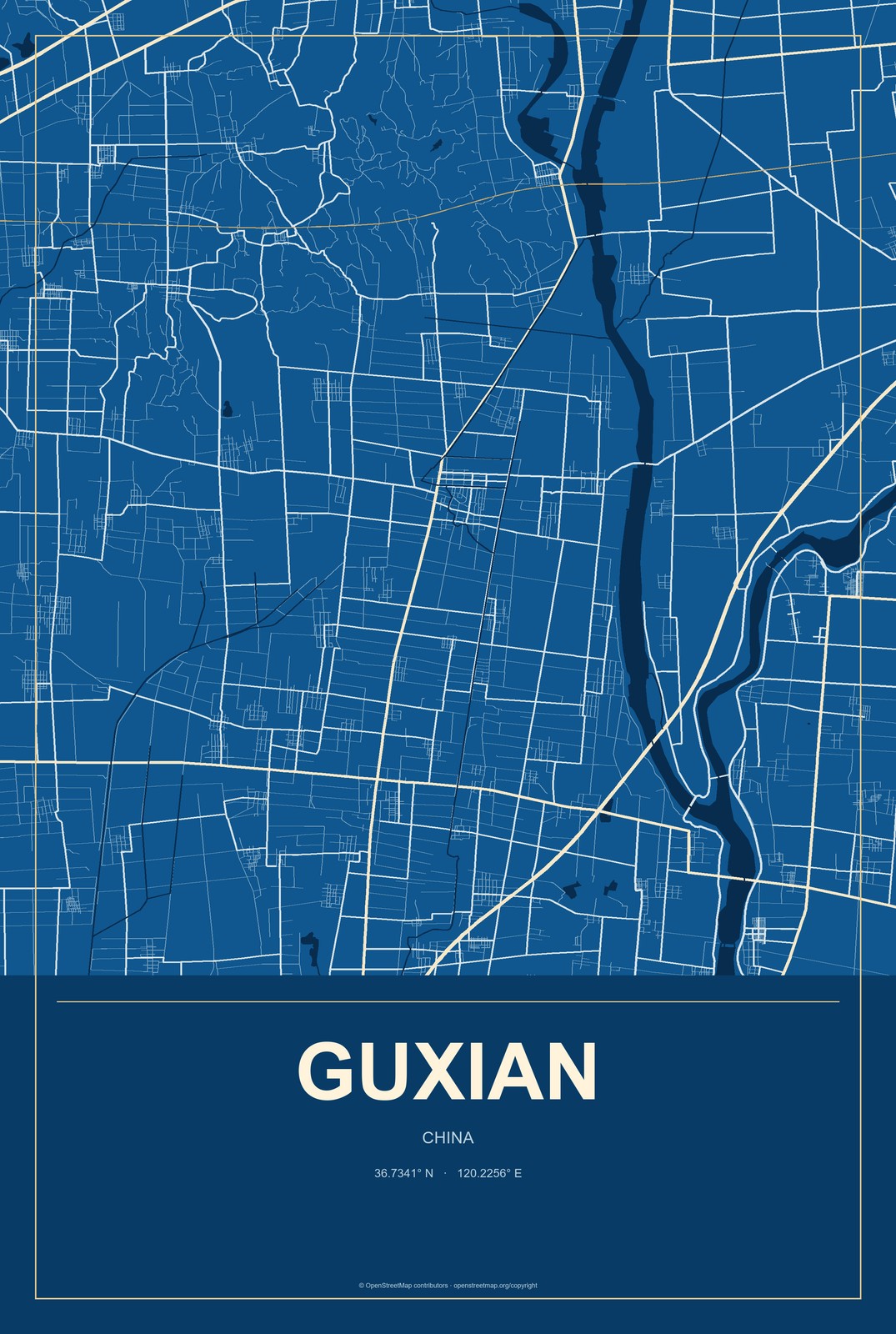 Guxian, China City Map Aluminum Sign in Harbor Cobalt style
