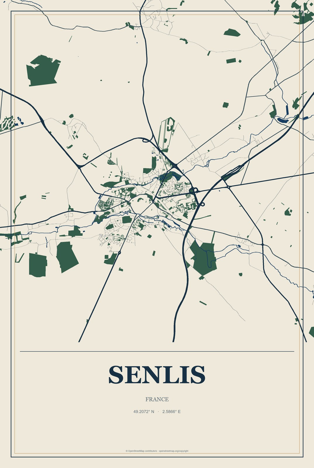 Senlis, France City Map Aluminum Sign in Coastal Cutout style