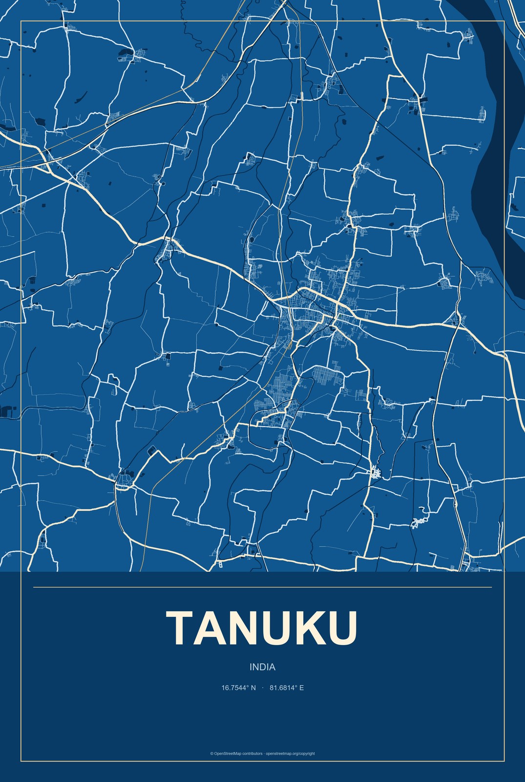 Tanuku, India City Map Aluminum Sign in Harbor Cobalt style
