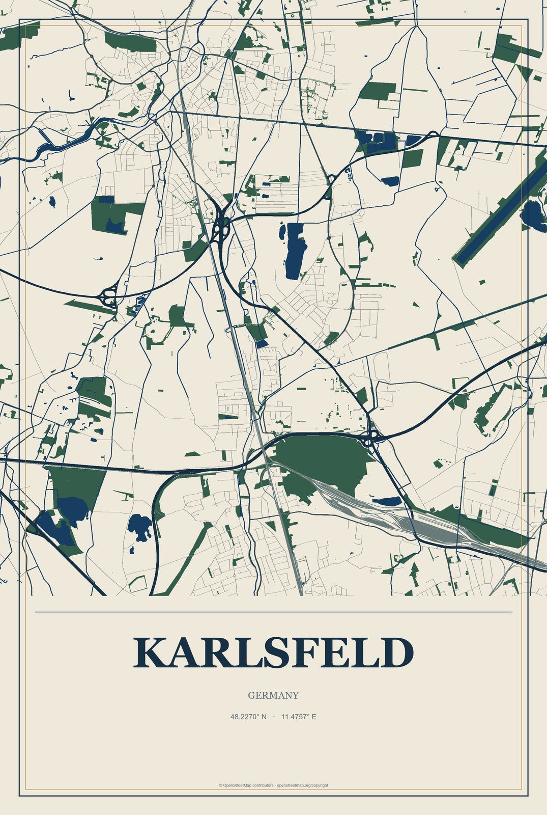 Karlsfeld, Germany City Map Aluminum Sign in Coastal Cutout style