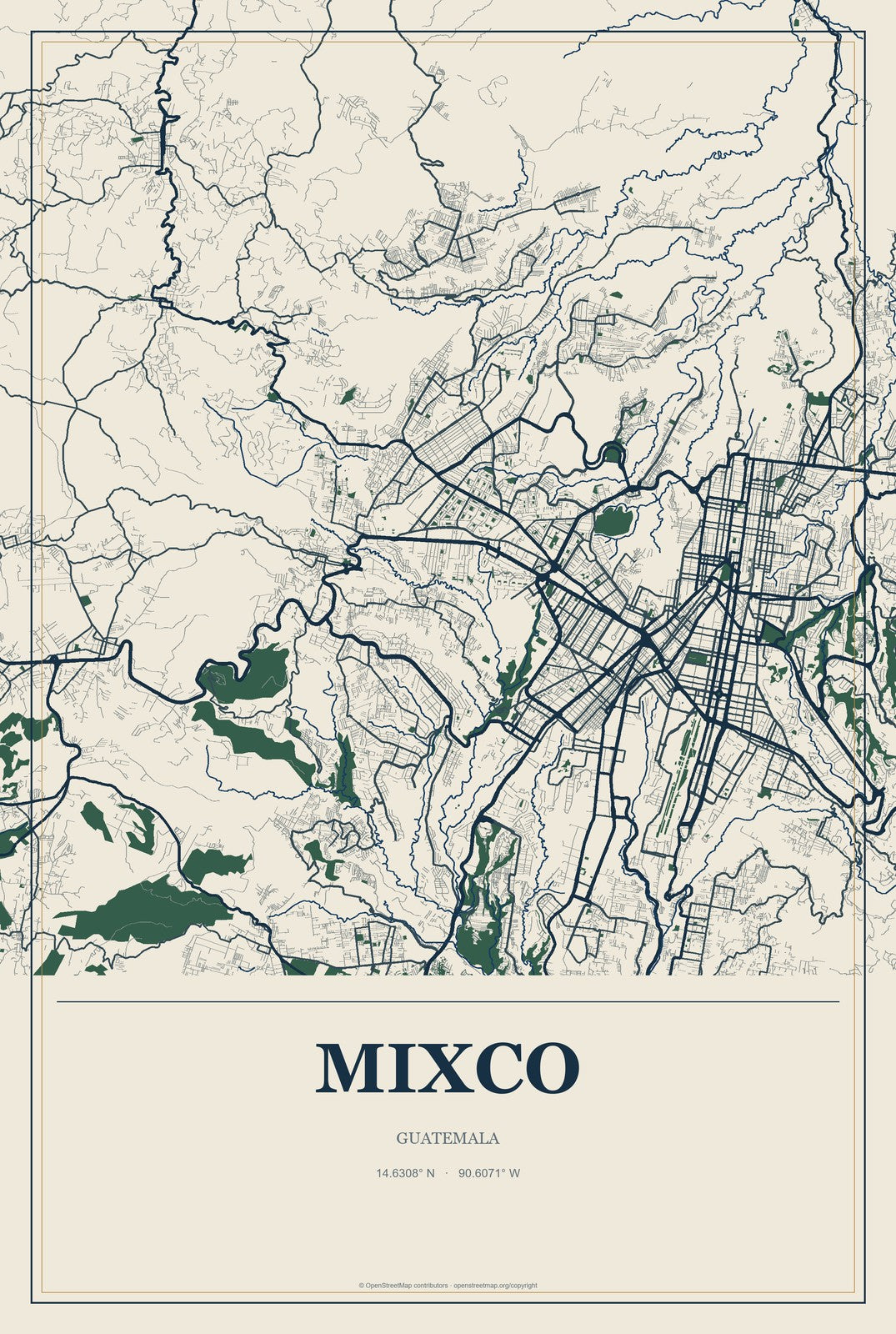 Mixco, Guatemala City Map Aluminum Sign in Coastal Cutout style