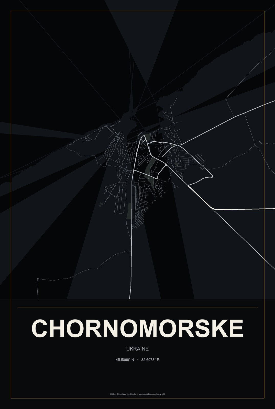Chornomorske, Ukraine City Map Aluminum Sign in Metropolitan Noir style