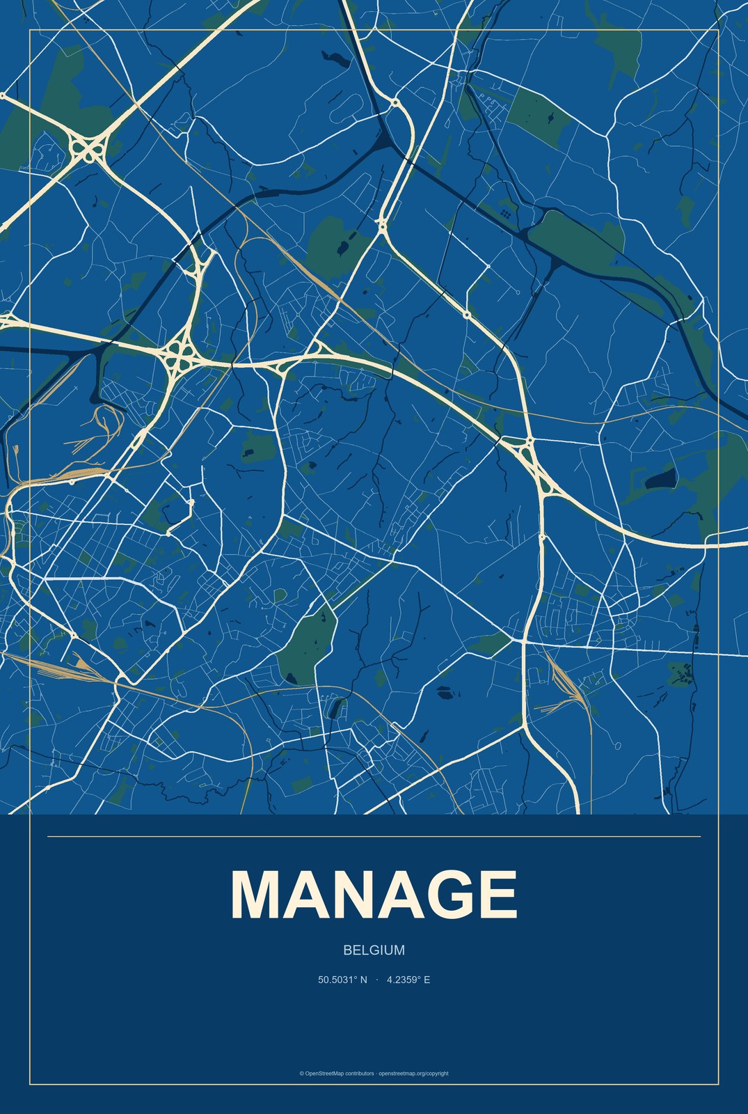 Manage, Belgium City Map Aluminum Sign in Harbor Cobalt style