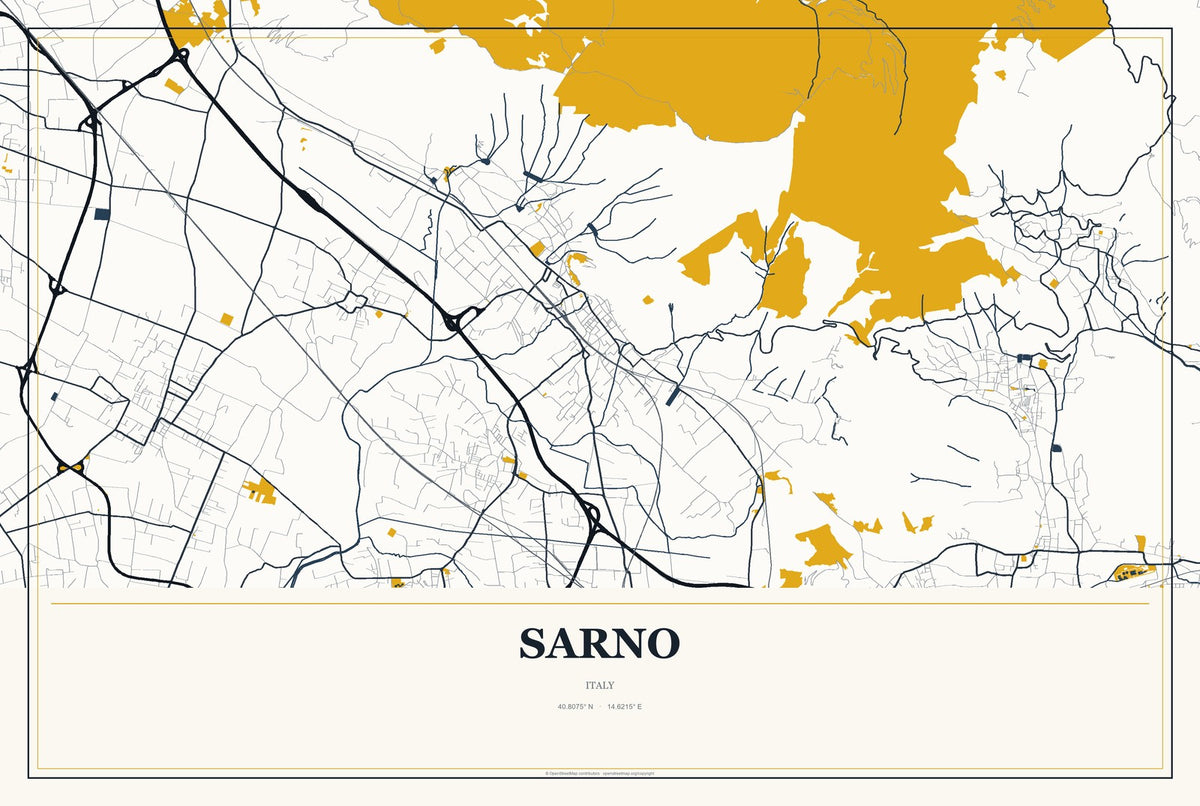 Sarno, Italy City Map Aluminum Sign in Citrine Modern style