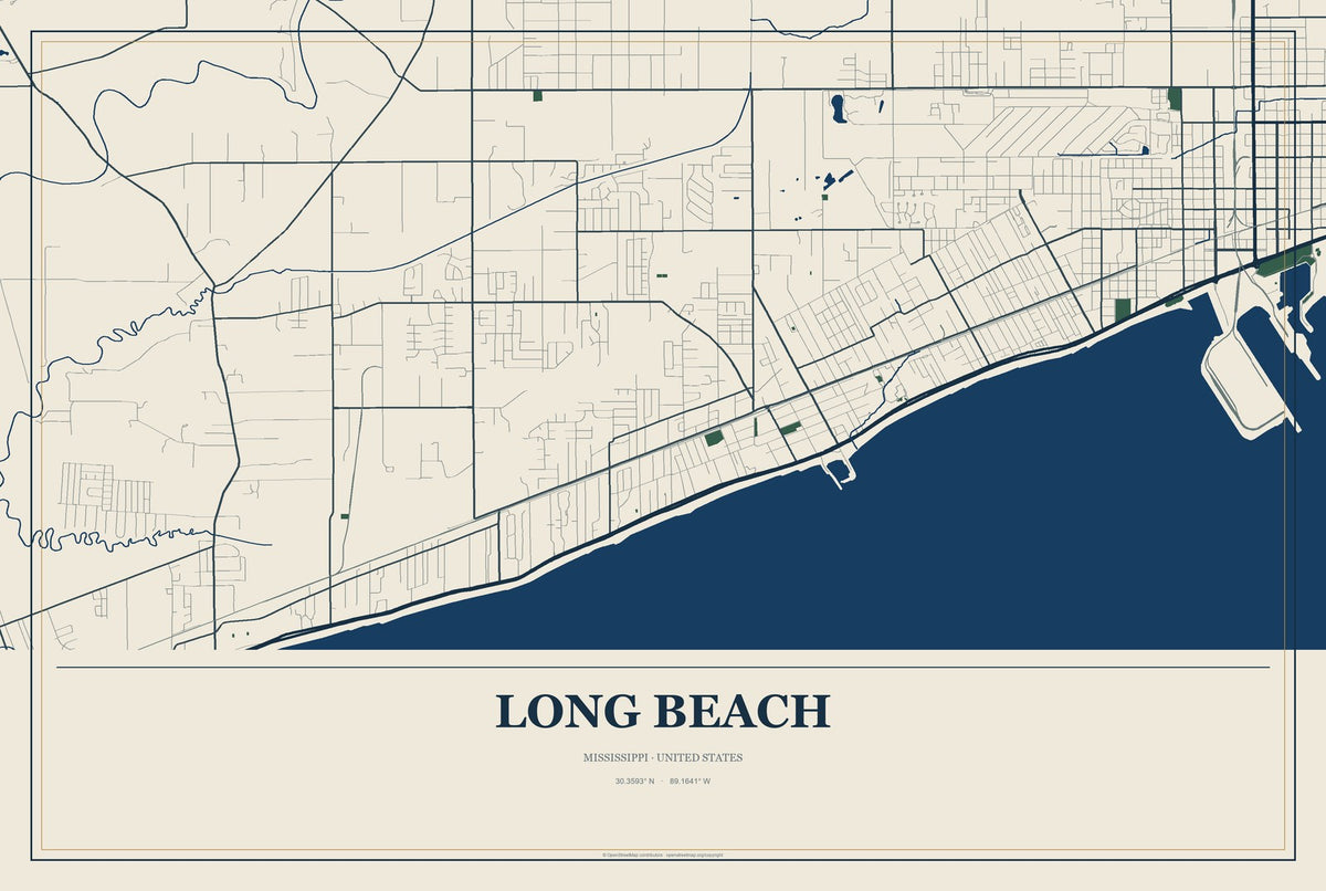 Long Beach, Mississippi City Map Aluminum Sign in Coastal Cutout style