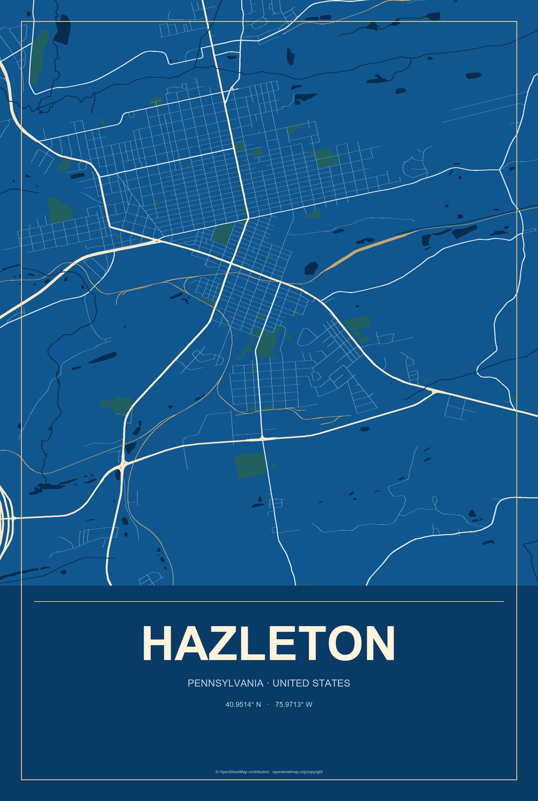 Hazleton, Pennsylvania City Map Aluminum Sign in Harbor Cobalt style