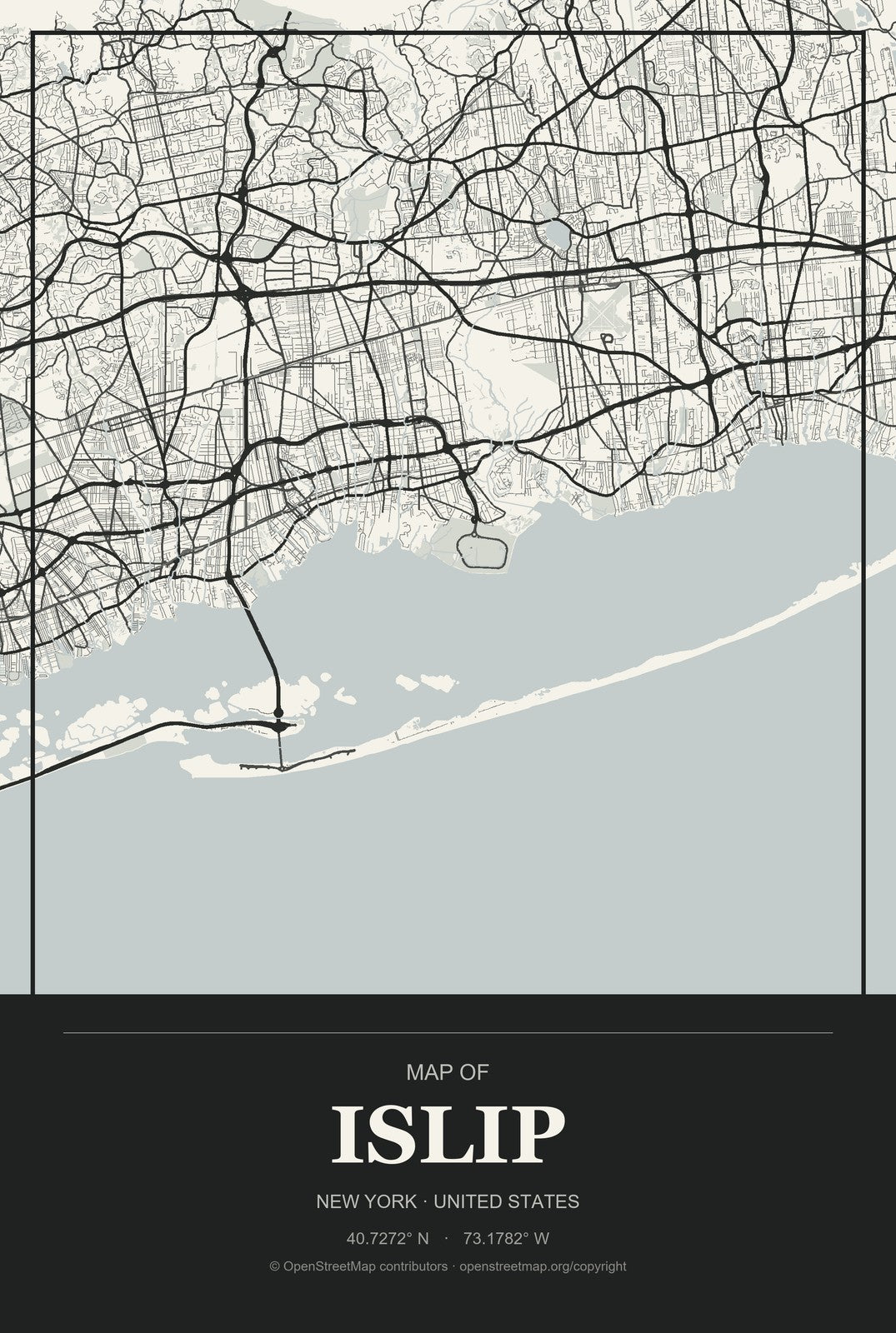 Islip, New York City Map Aluminum Sign in Museum Plaque style