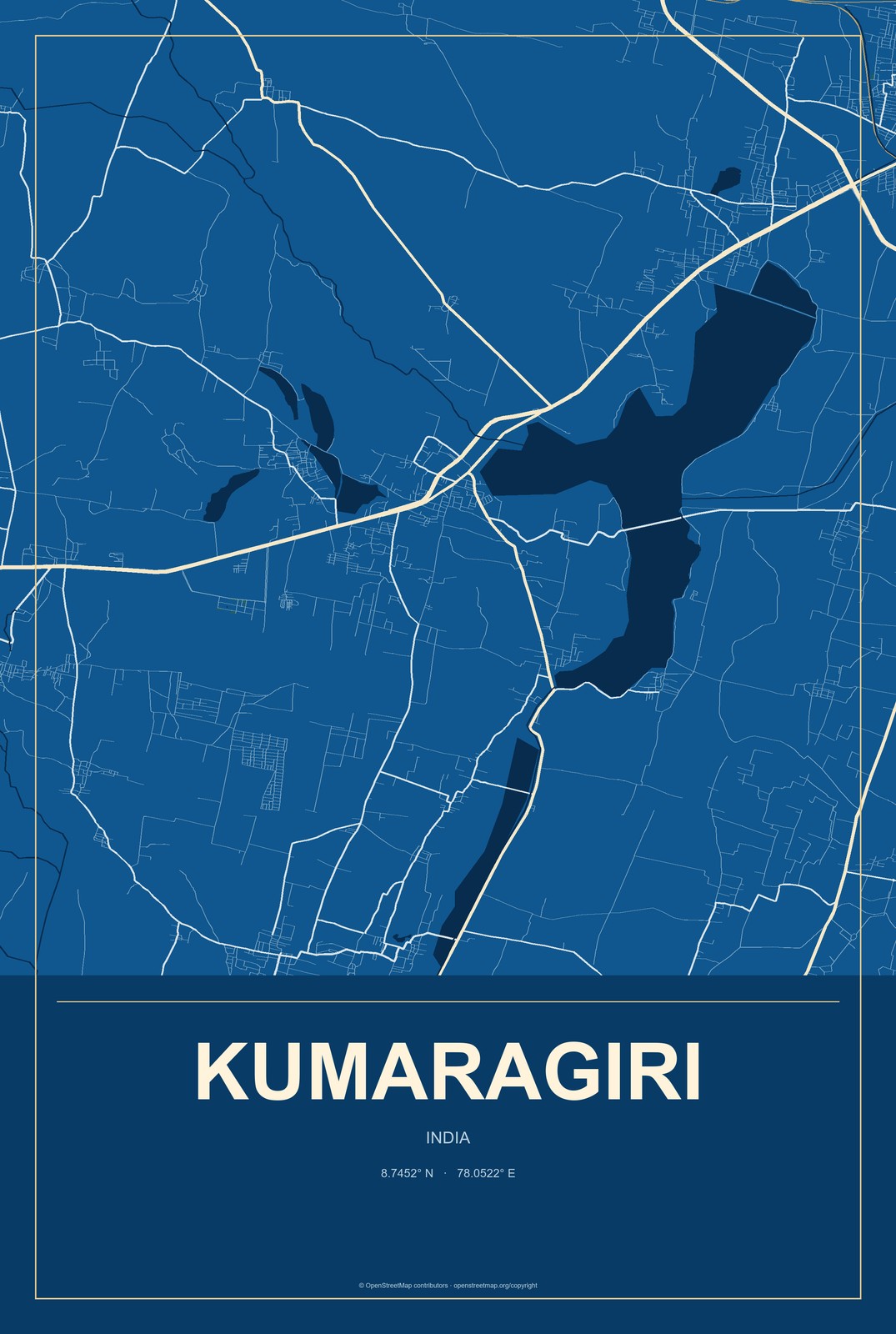 Kumaragiri, India City Map Aluminum Sign in Harbor Cobalt style