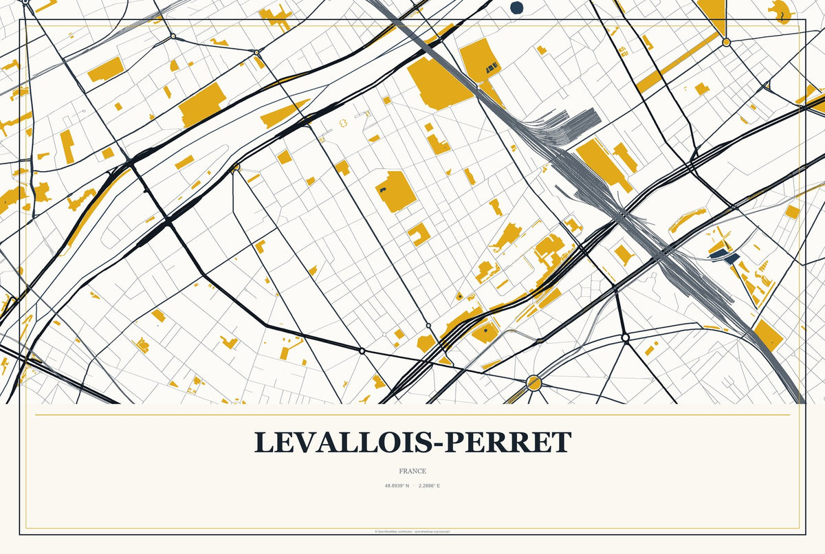 Levallois-Perret, France City Map Aluminum Sign in Citrine Modern style