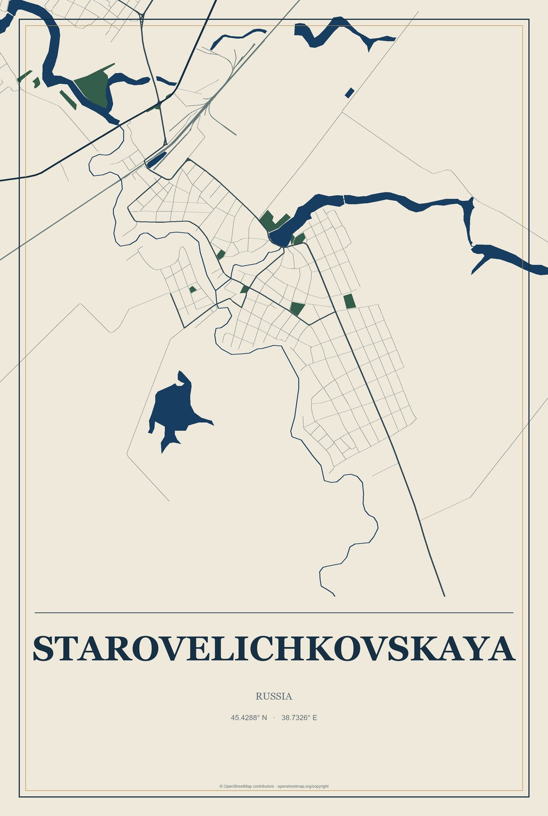 Starovelichkovskaya, Russia City Map Aluminum Sign in Coastal Cutout style