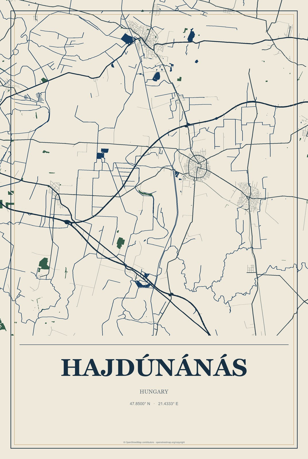 Hajdúnánás, Hungary City Map Aluminum Sign in Coastal Cutout style