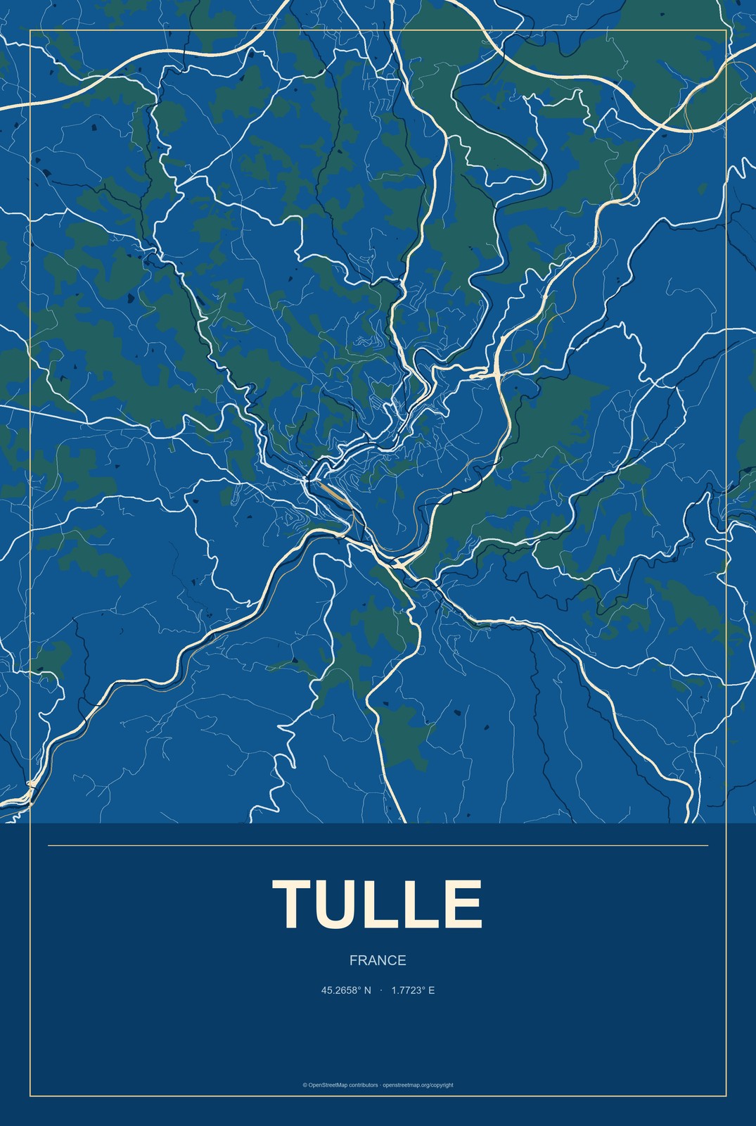 Tulle, France City Map Aluminum Sign in Harbor Cobalt style