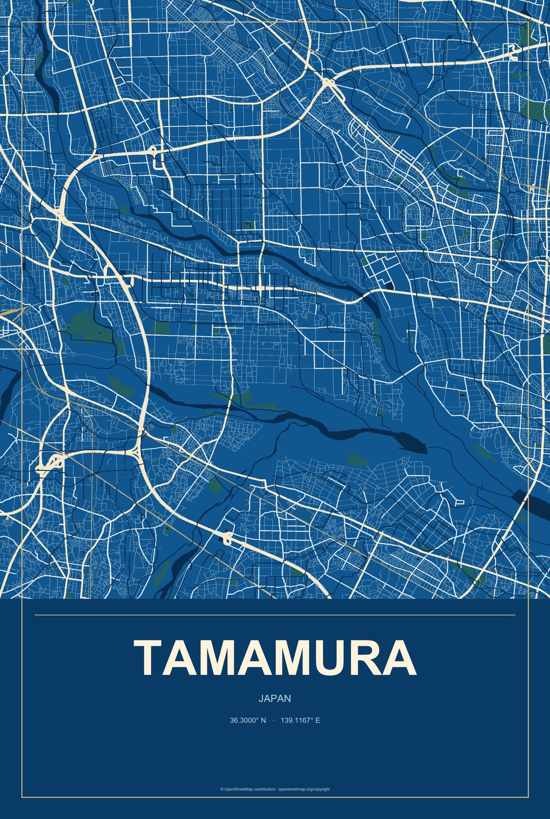 Tamamura, Japan City Map Aluminum Sign in Harbor Cobalt style