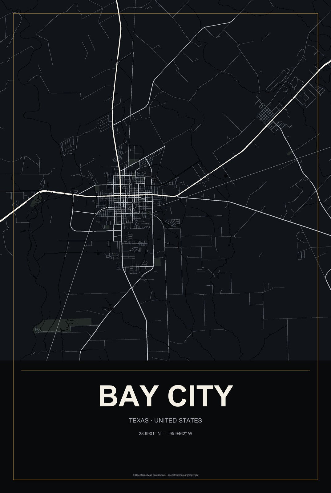Bay City, Texas City Map Aluminum Sign in Metropolitan Noir style