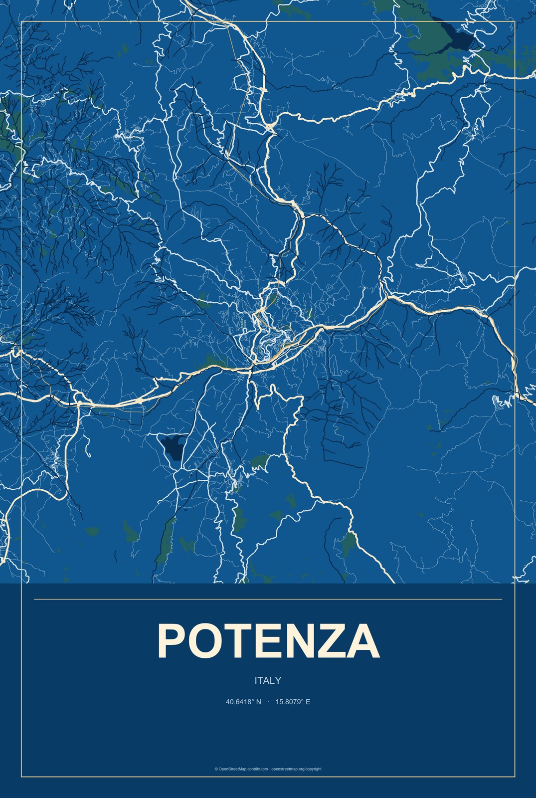 Potenza, Italy City Map Aluminum Sign in Harbor Cobalt style