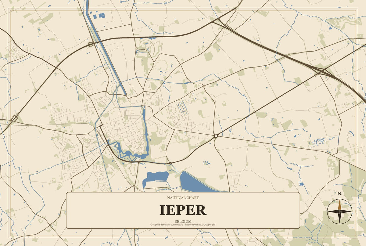 Ieper, Belgium City Map Aluminum Sign in Heritage Nautical style