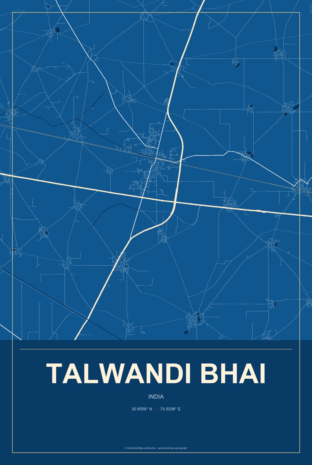Talwandi Bhai, India City Map Aluminum Sign in Harbor Cobalt style