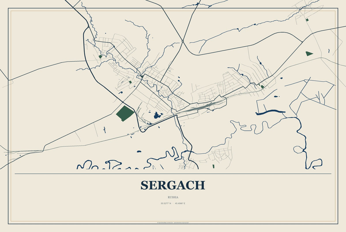 Sergach, Russia City Map Aluminum Sign in Coastal Cutout style