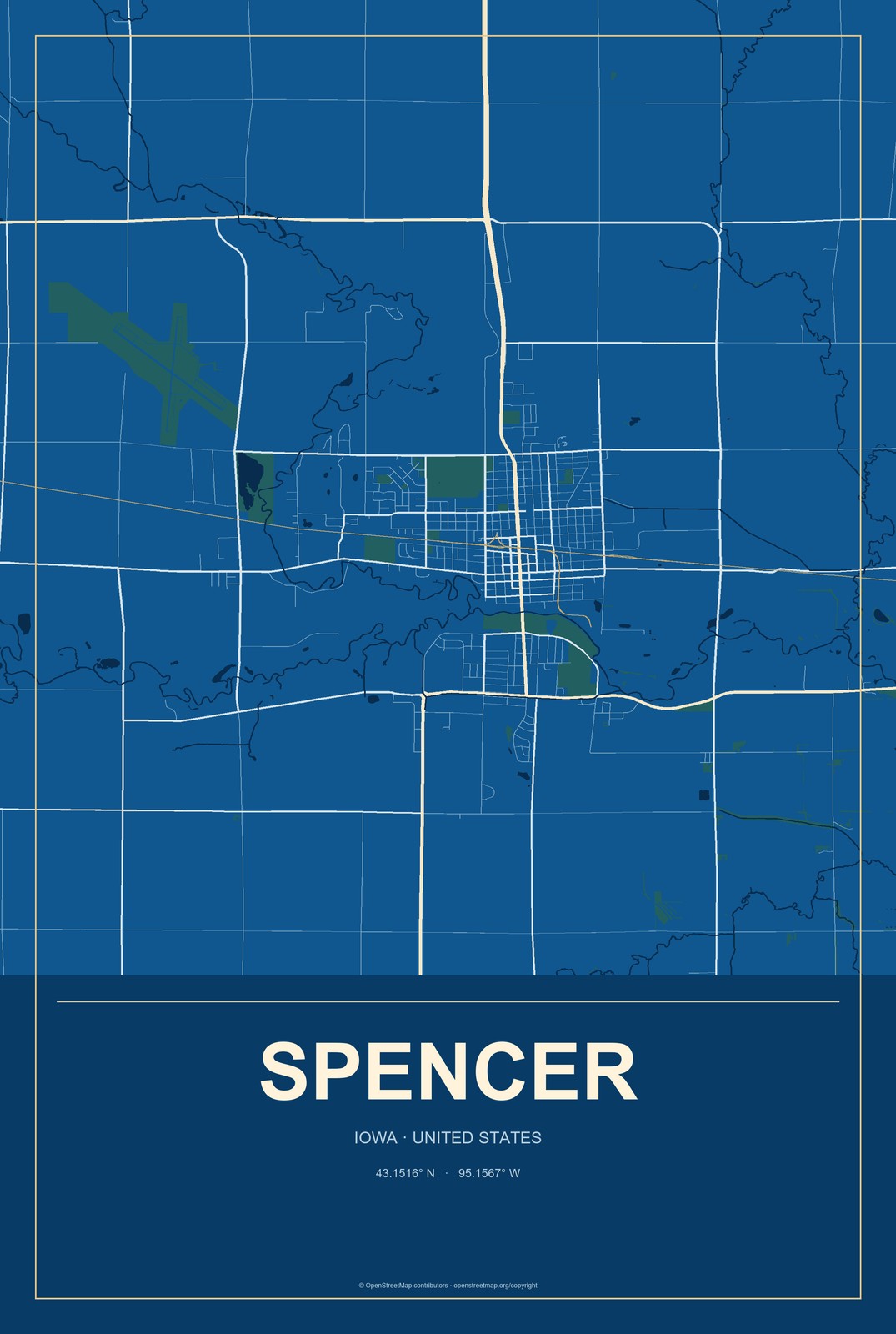 Spencer, Iowa City Map Aluminum Sign in Harbor Cobalt style