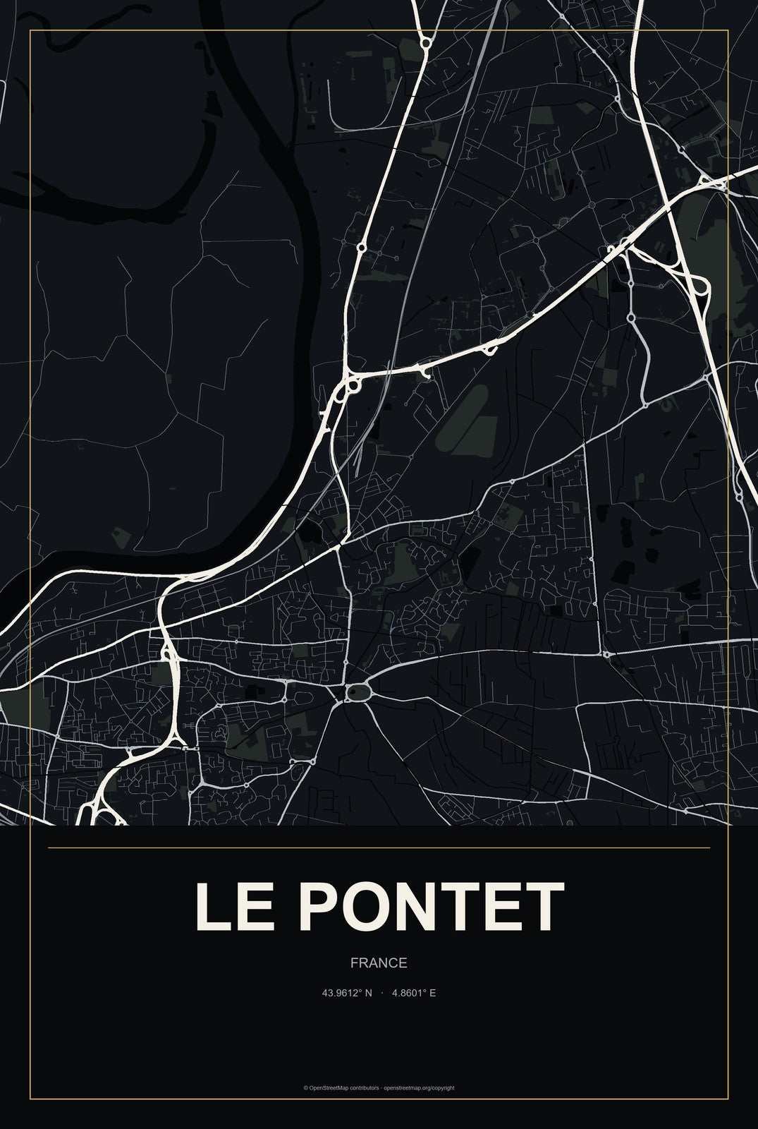 Le Pontet, France City Map Aluminum Sign in Metropolitan Noir style