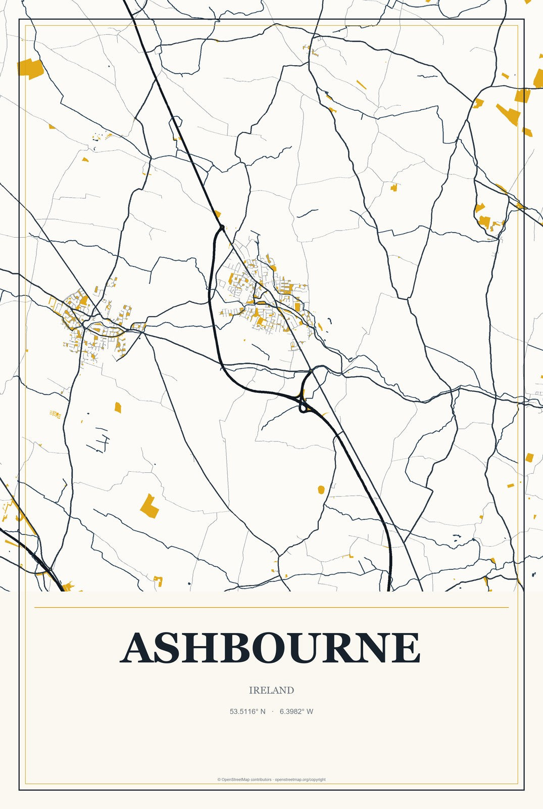 Ashbourne, Ireland City Map Aluminum Sign in Citrine Modern style