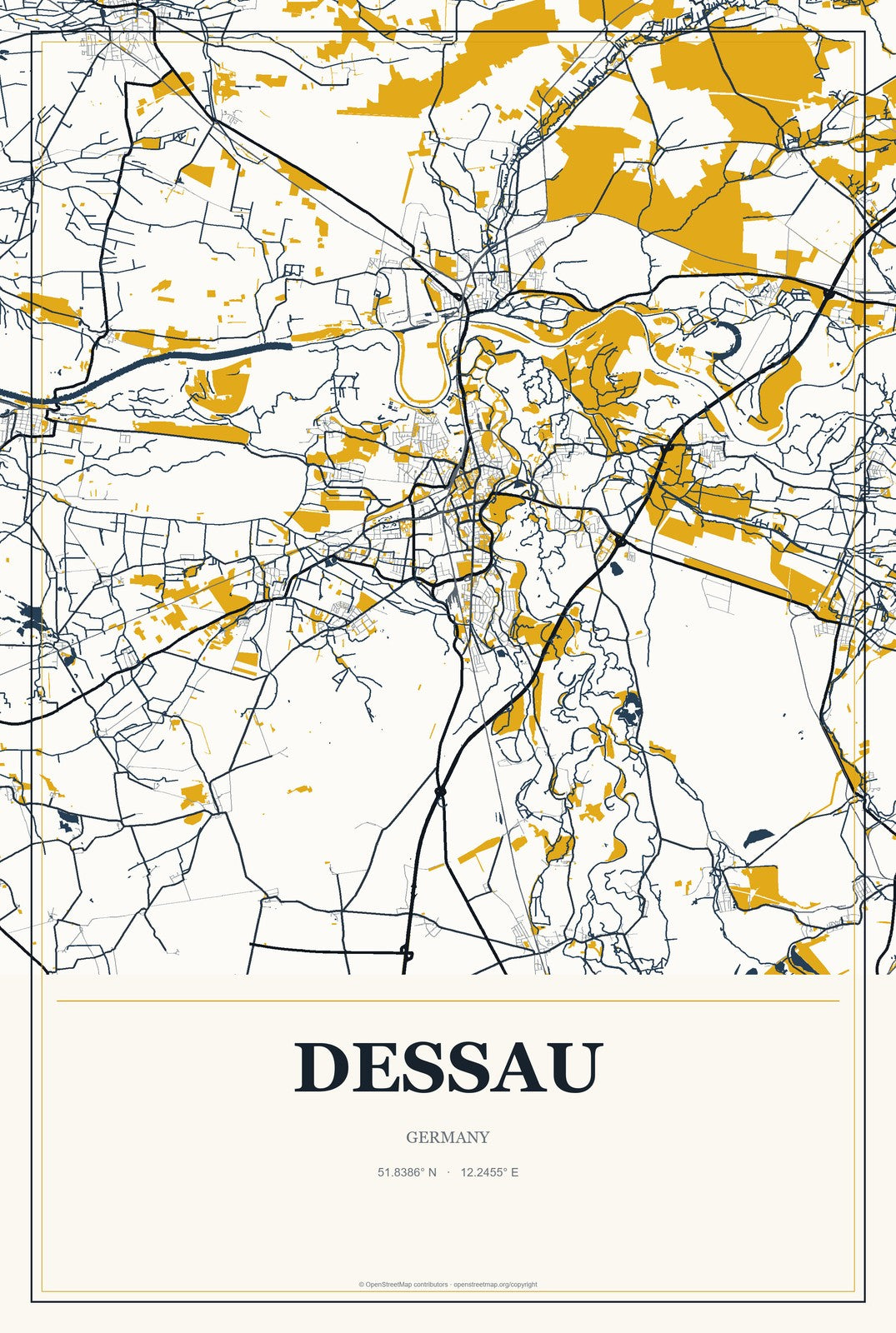 Dessau, Germany City Map Aluminum Sign in Citrine Modern style