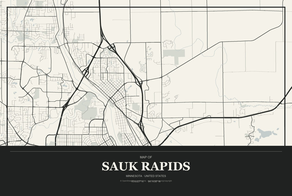 Sauk Rapids, Minnesota City Map Aluminum Sign in Museum Plaque style