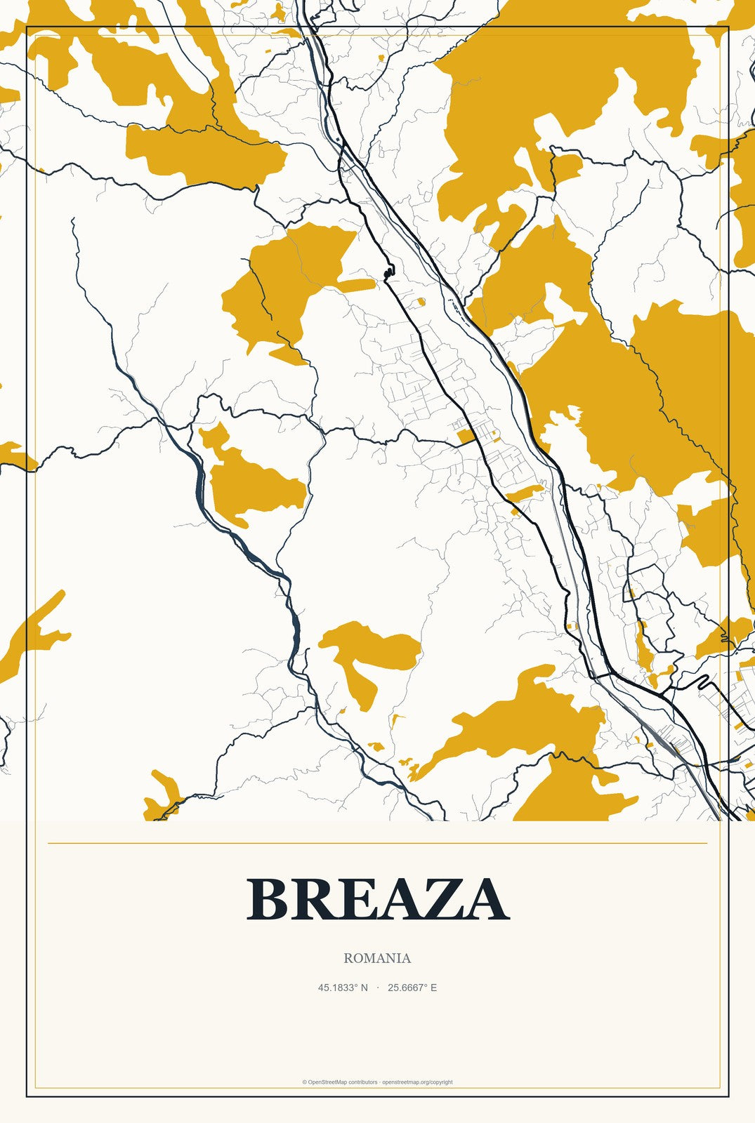 Breaza, Romania City Map Aluminum Sign in Citrine Modern style