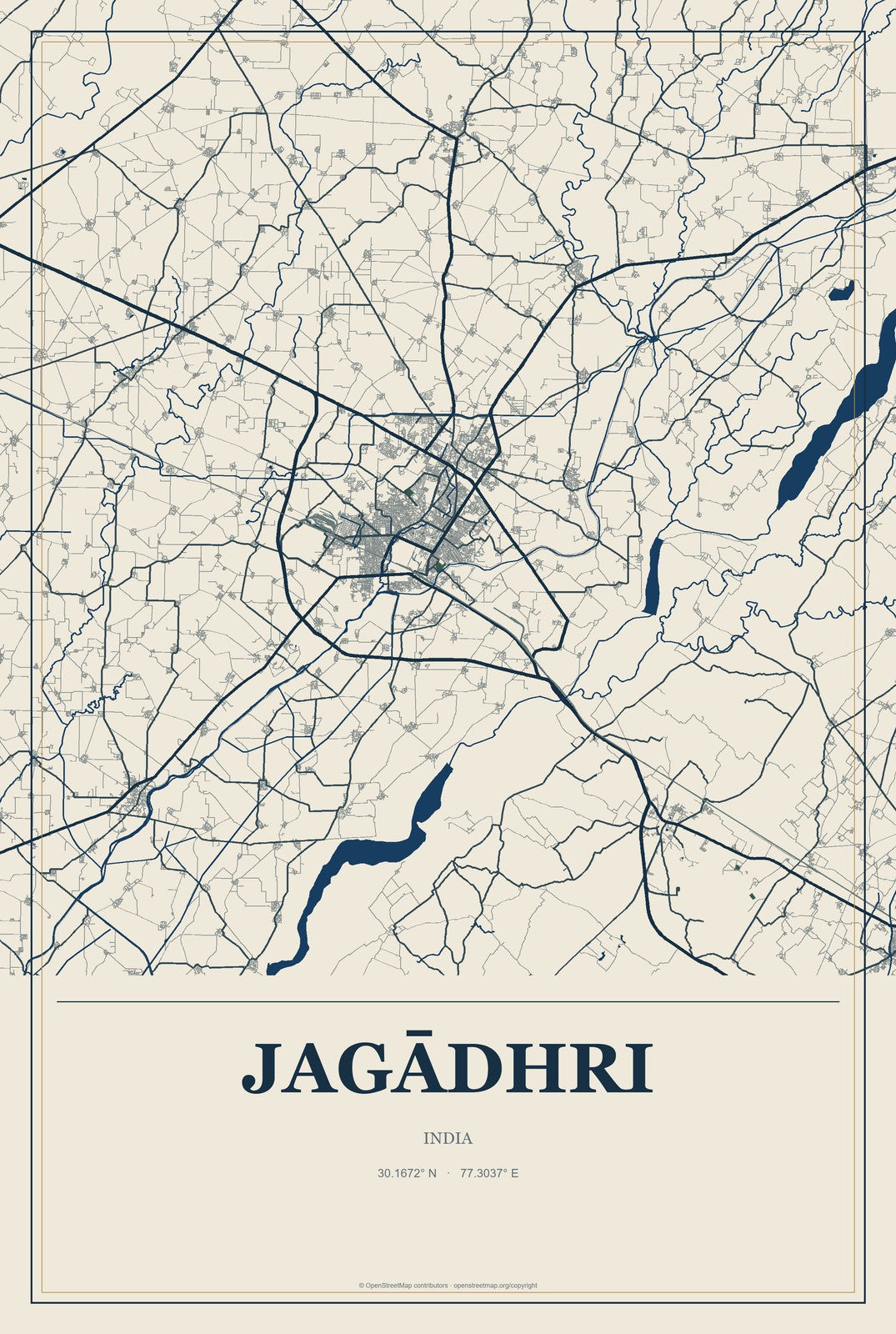 Jagādhri, India City Map Aluminum Sign in Coastal Cutout style