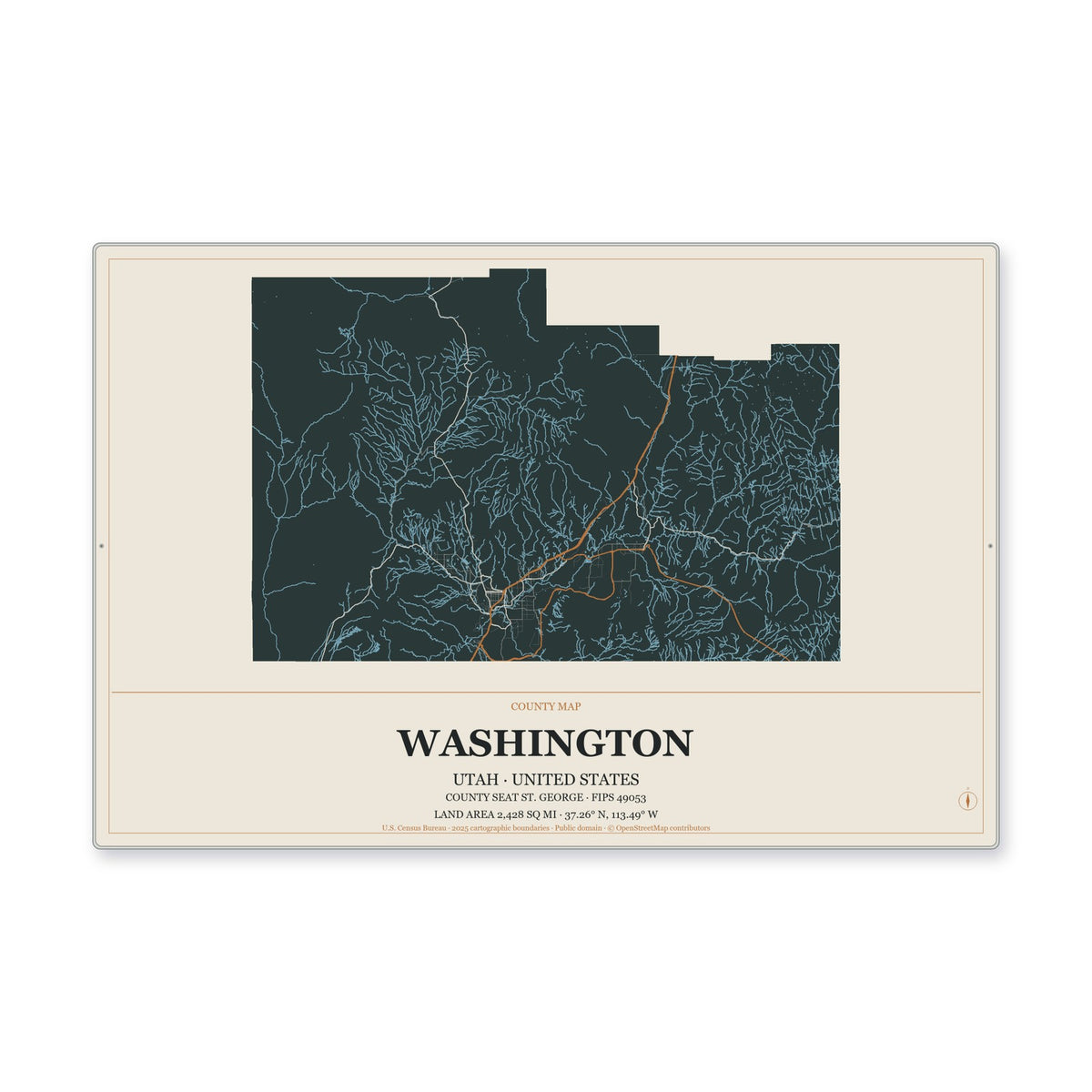 Washington County, Utah Map Aluminum Sign in Headline Atlas style