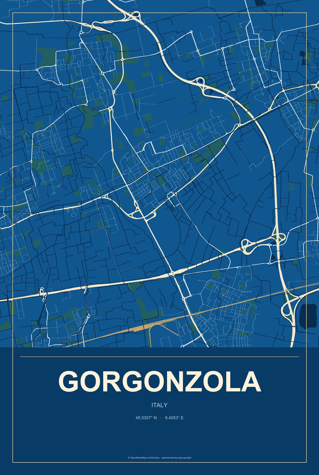 Gorgonzola, Italy City Map Aluminum Sign in Harbor Cobalt style