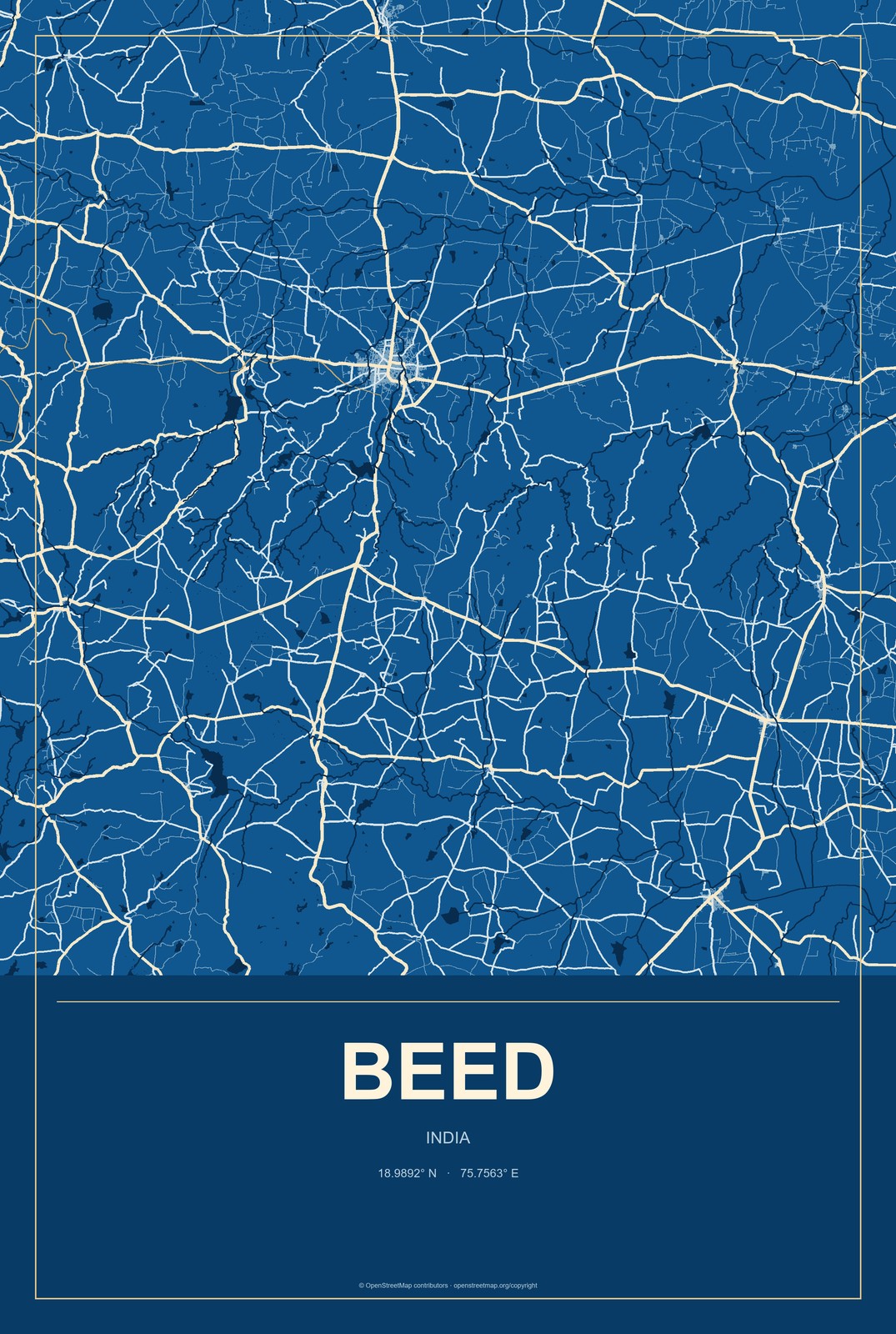 Beed, India City Map Aluminum Sign in Harbor Cobalt style