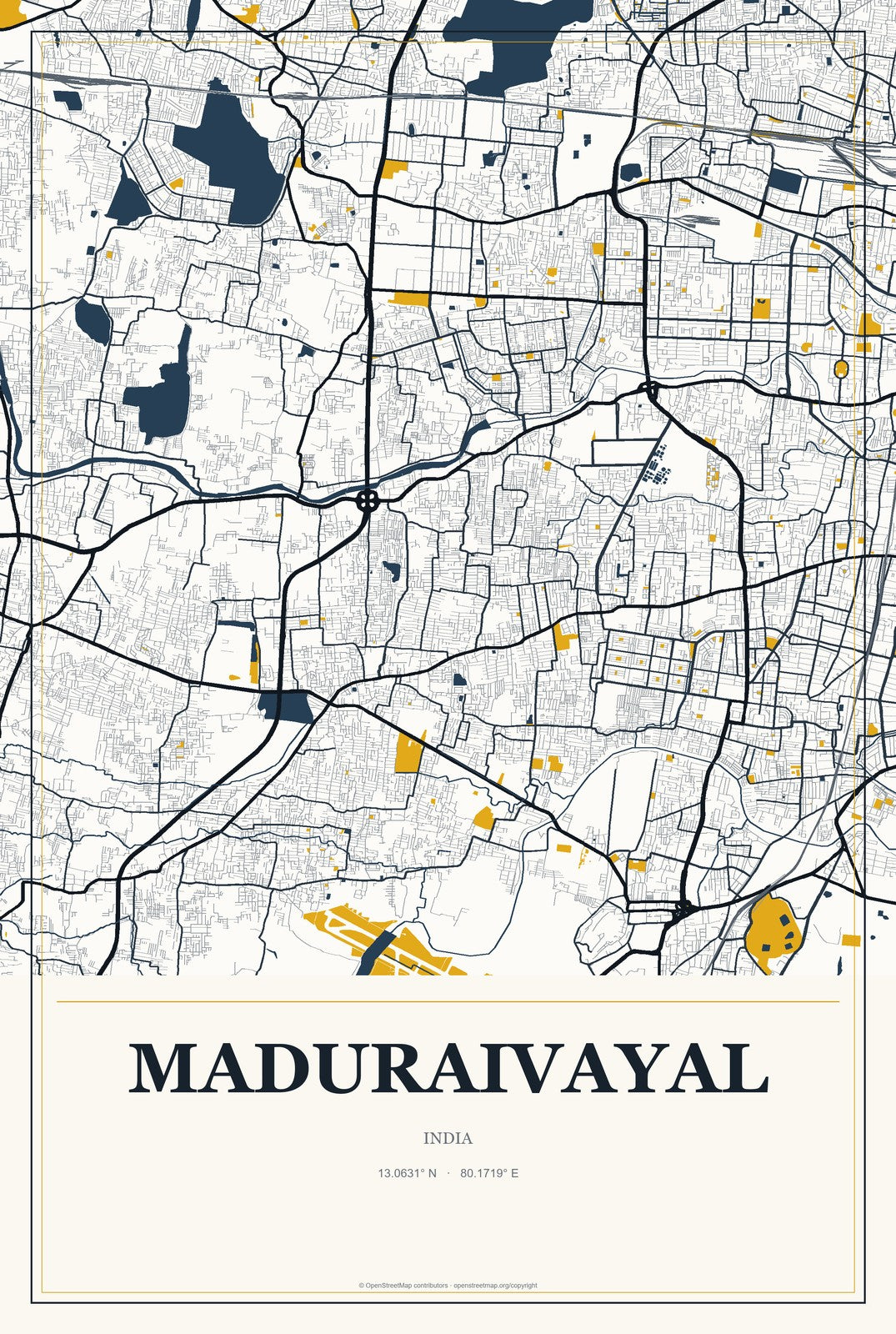 Maduraivayal, India City Map Aluminum Sign in Citrine Modern style