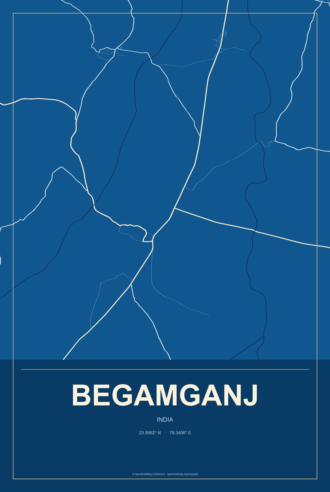 Begamganj, India City Map Aluminum Sign in Harbor Cobalt style
