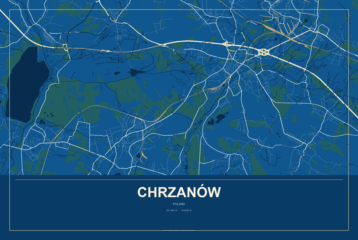Chrzanów, Poland City Map Aluminum Sign in Harbor Cobalt style