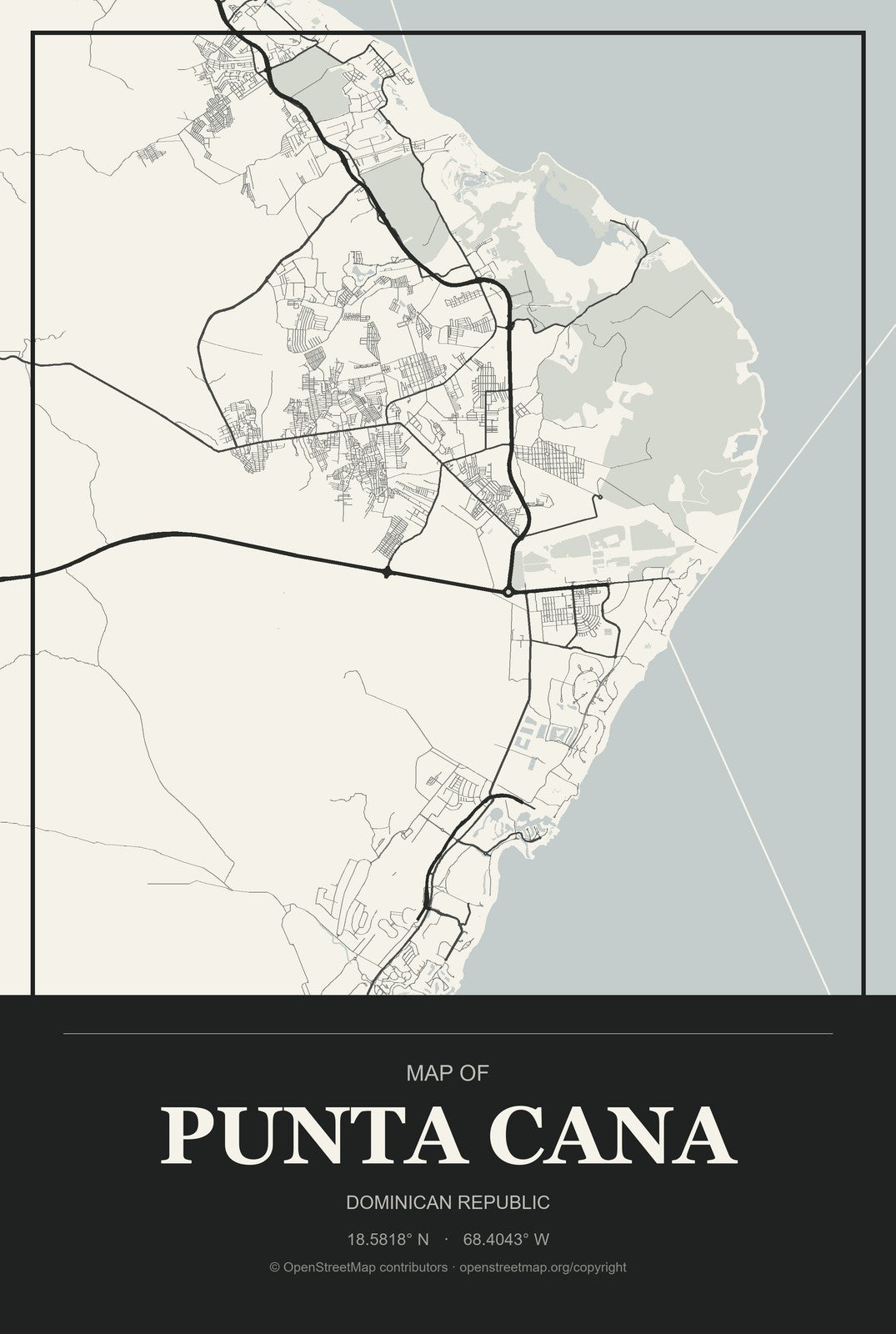 Punta Cana, Dominican Republic City Map Aluminum Sign in Museum Plaque style