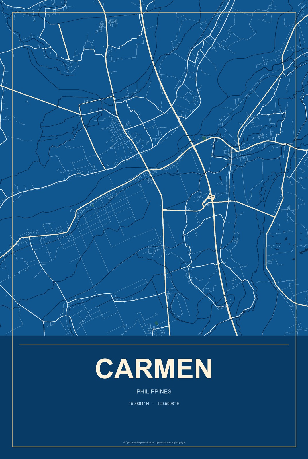 Carmen, Philippines City Map Aluminum Sign in Harbor Cobalt style