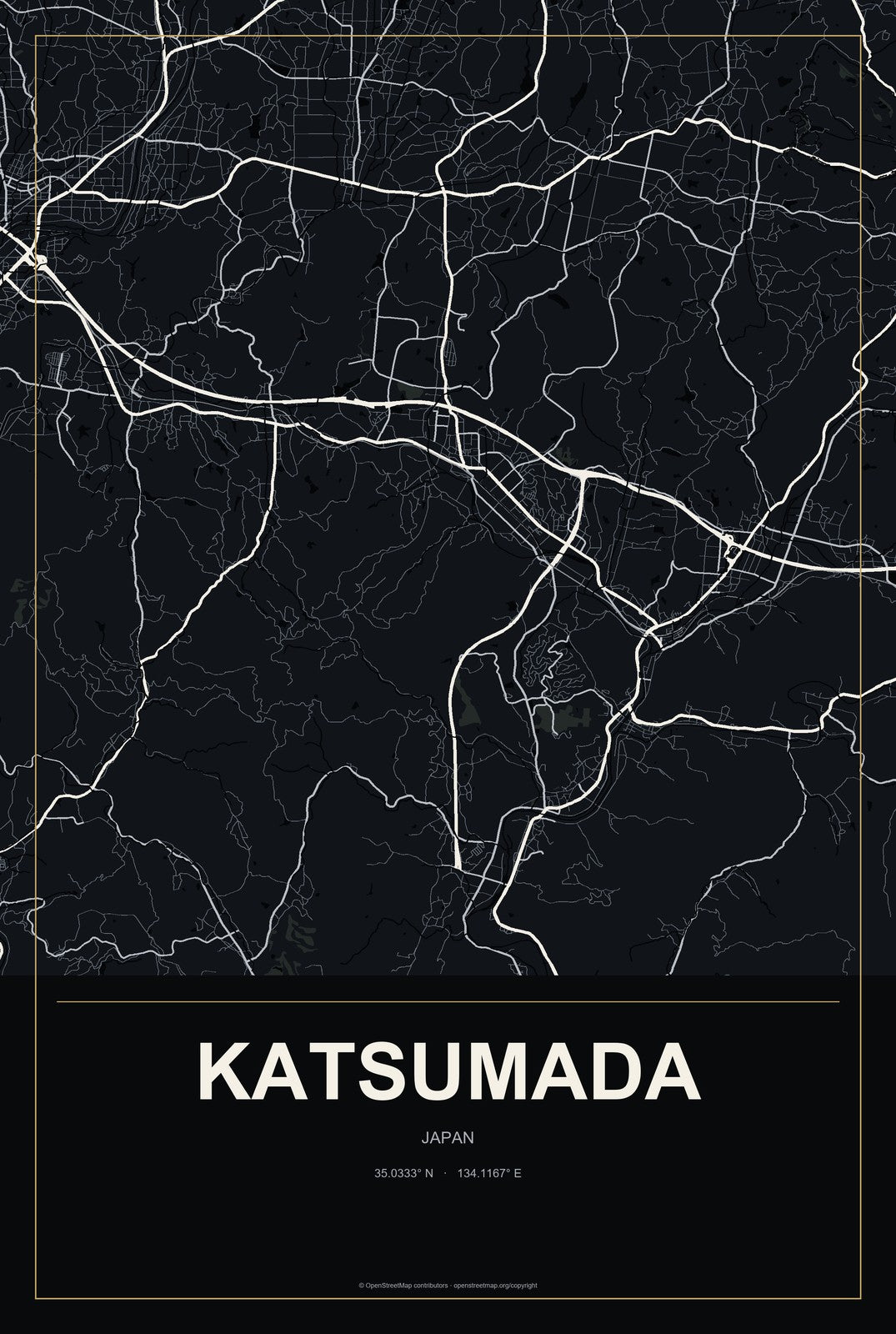 Katsumada, Japan City Map Aluminum Sign in Metropolitan Noir style