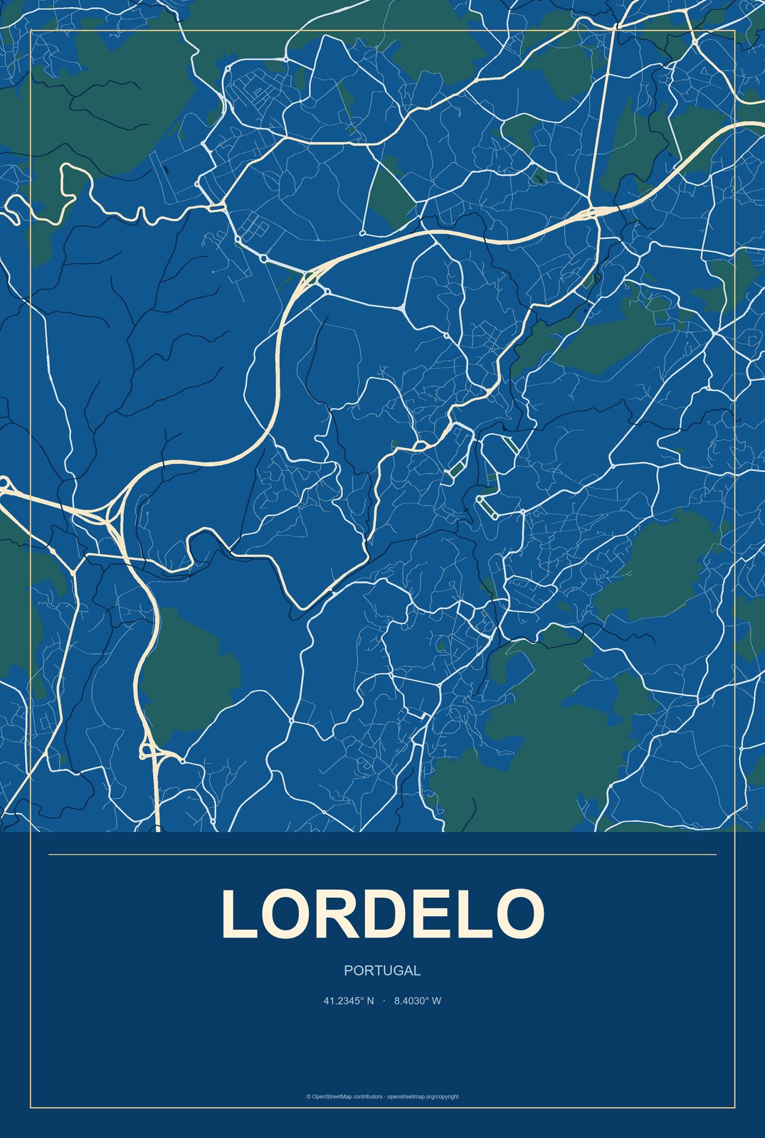 Lordelo, Portugal City Map Aluminum Sign in Harbor Cobalt style