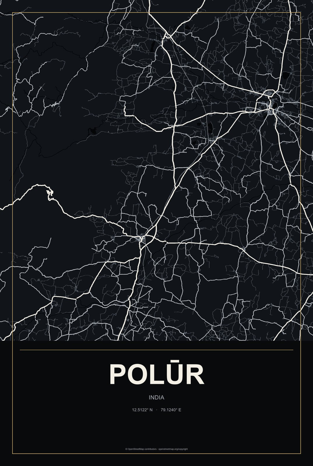 Polūr, India City Map Aluminum Sign in Metropolitan Noir style