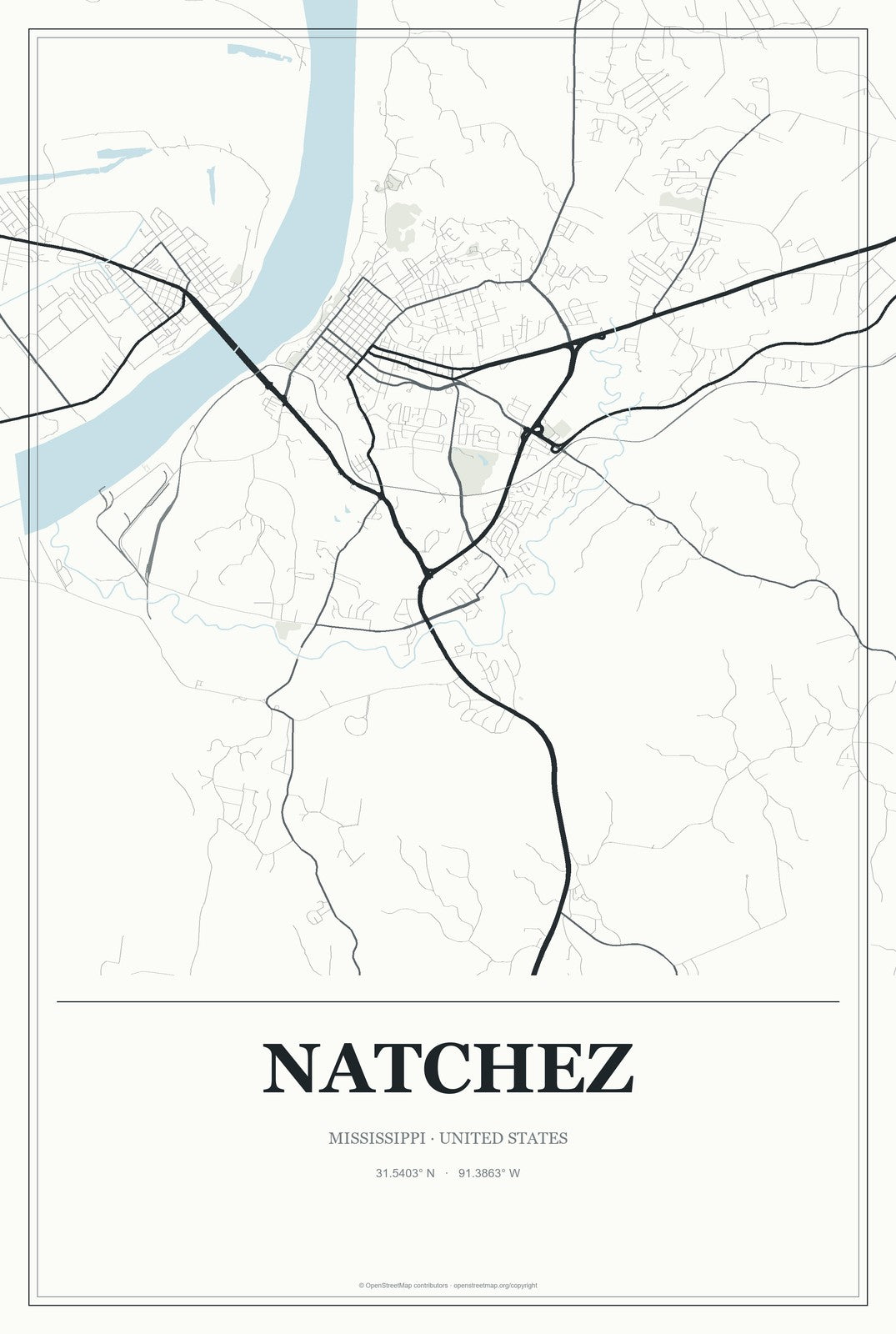 Natchez, Mississippi City Map Aluminum Sign in Gallery Air style