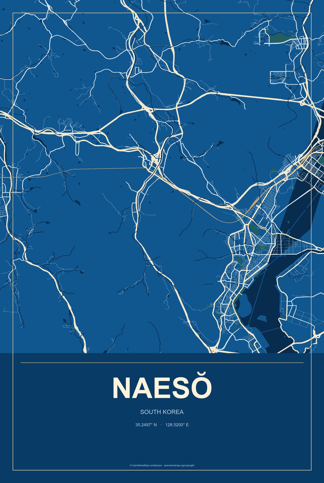 Naesŏ, South Korea City Map Aluminum Sign in Harbor Cobalt style