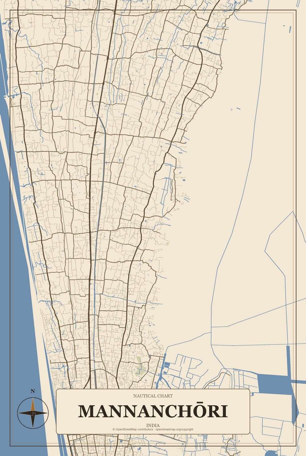 Mannanchōri, India City Map Aluminum Sign in Heritage Nautical style