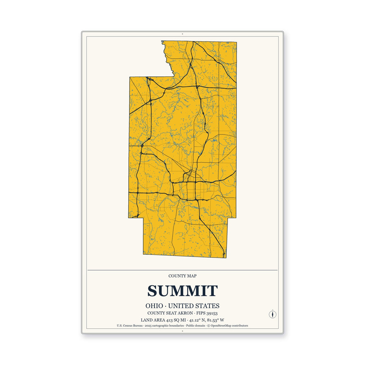 Summit County, Ohio Map Aluminum Sign in Citrine Modern style