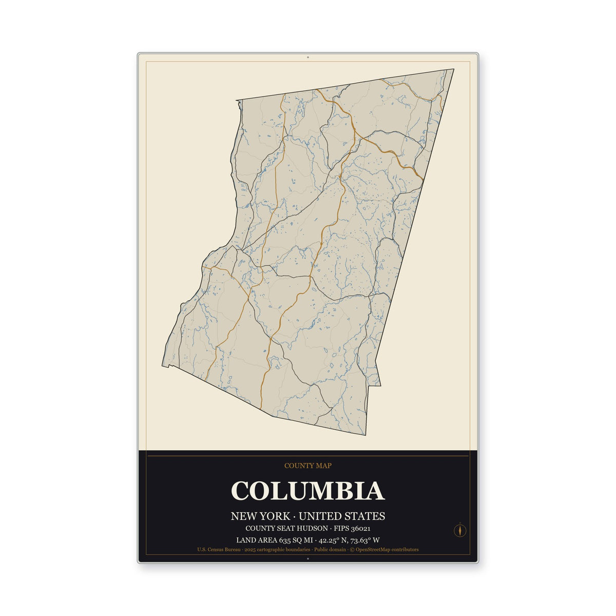 Columbia County, New York Map Aluminum Sign in Museum Plaque style