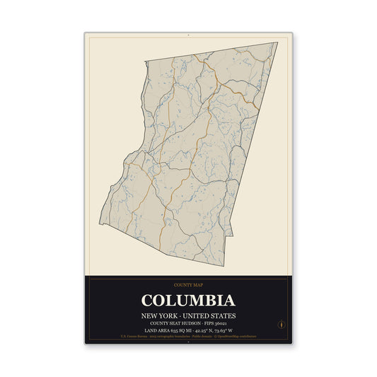 Columbia County, New York Map Aluminum Sign in Museum Plaque style
