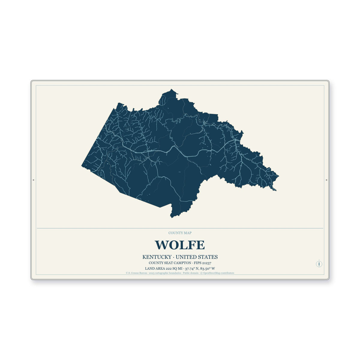 Wolfe County, Kentucky Map Aluminum Sign in Coastal Cutout style